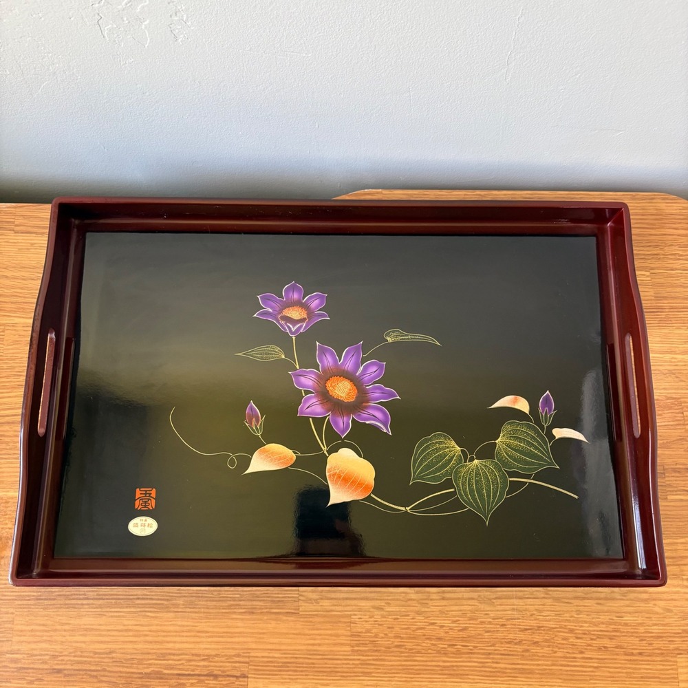Japanese Lacquerware Serving Tray Floral Motif Rectangular Black and Red 19x12in